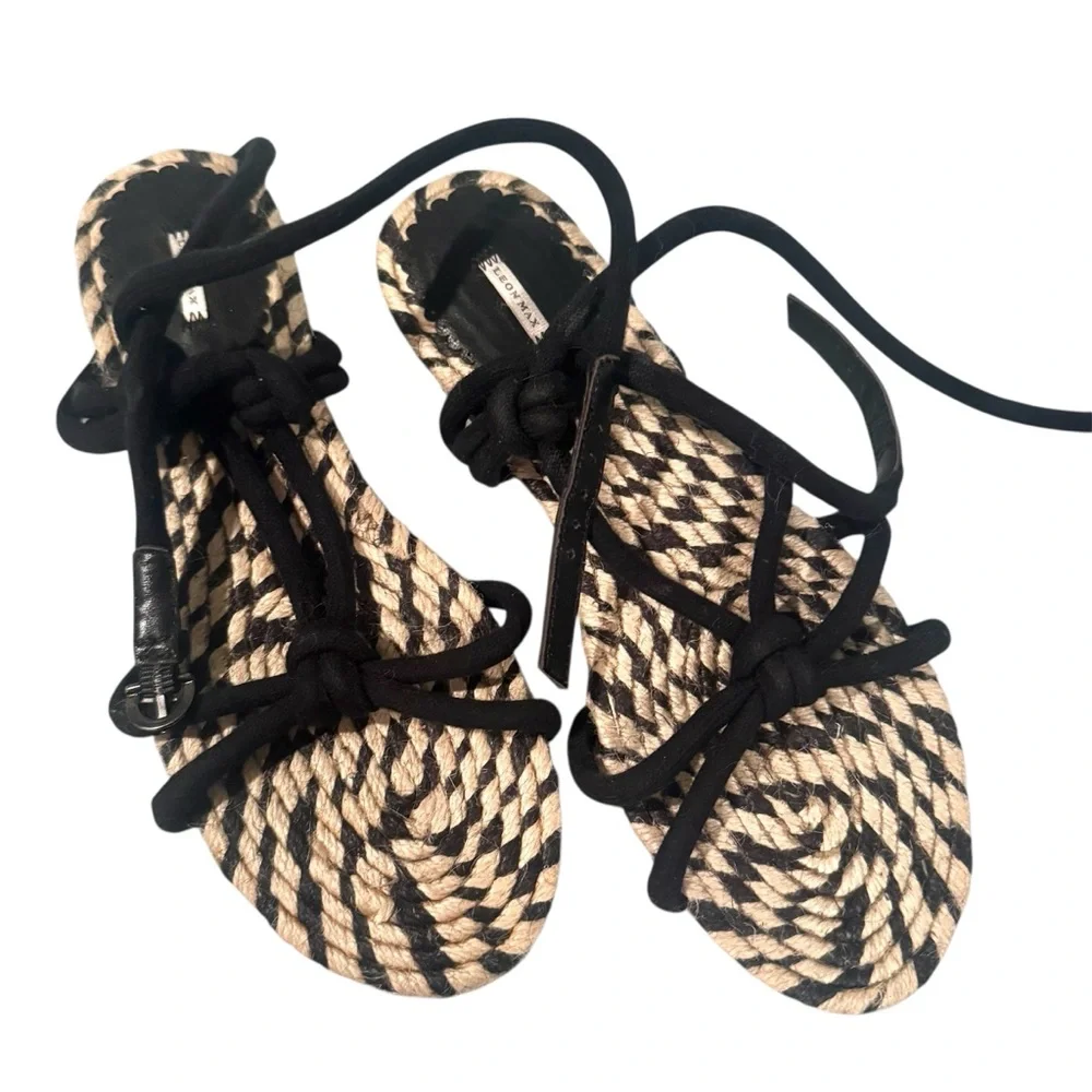 Leon Max Strappy Rope Knot Open Toe Flat Sandals Cream Black Size 7.5 - Picture 1 of 5